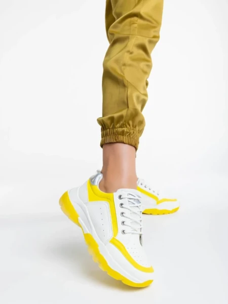 Дамски спортни обувки бели с жълто от екологична кожа Mona