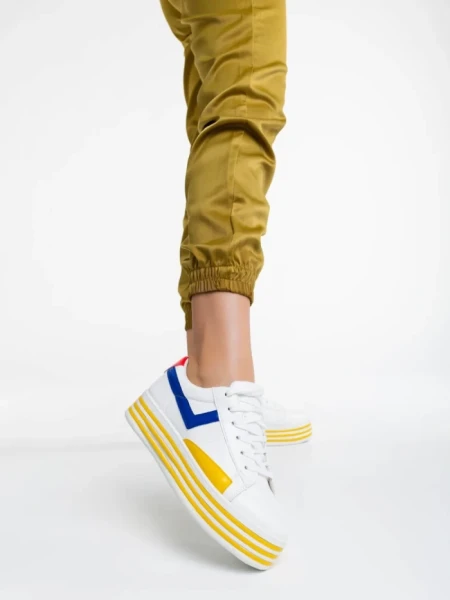 Дамски спортни обувки бели с жълто от екологична кожа Gratiela