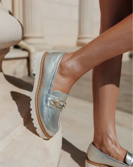 Дамски мокасини сребристи от екологична кожа Jenima