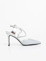 Дамски сандали с ток сребристи от лачена екологична кожа Oliara