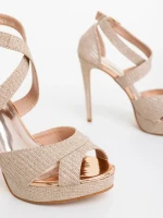 Дамски сандали с ток цвят шампанско от текстилен материал Morita