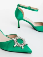 Дамски обувки с ток зелени от текстилен материал Medela