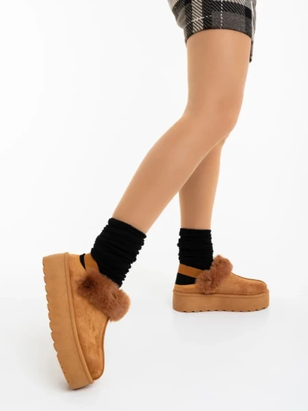 Дамски чехли цвят тъмен камел от текстилен материал Temaria