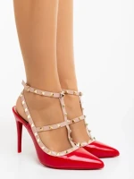 Дамски обувки с ток червени от екологична лачена кожа Delaine