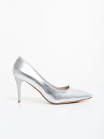 Дамски обувки с ток сребристи от екологична лачена кожа Namura