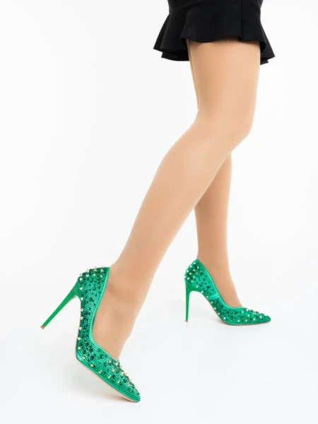 Дамски обувки с ток зелени от текстилен материал Zamera