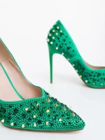 Дамски обувки с ток зелени от текстилен материал Zamera