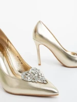 Дамски обувки с ток златисти от екологична лачена кожа Estora