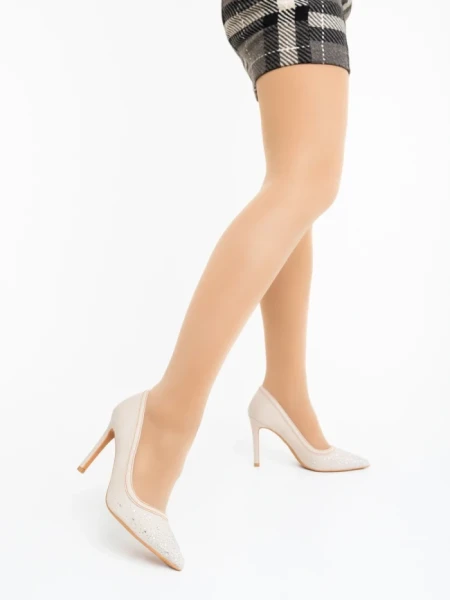 Дамски обувки с ток бежови от текстилен материал Cavila