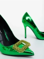 Дамски обувки с ток зелени от екологична лачена кожа Lusera