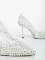 Дамски обувки с ток бели от екологична лачена кожа и текстилен материал Nadania