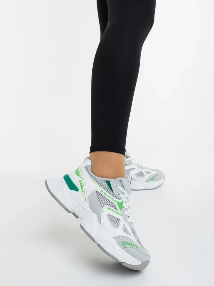 Дамски спортни обувки бели със зелено от екологична кожа и текстилен материал Zehara