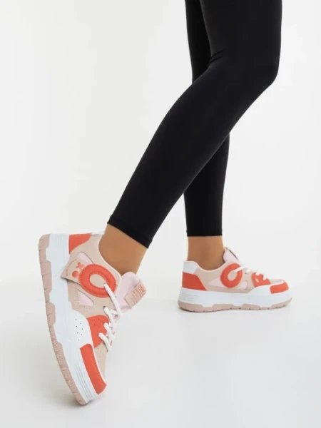 Дамски спортни обувки бежово с оранжево от екологична кожа и текстилен материал Demana