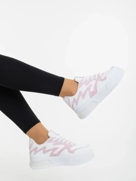 Дамски спортни обувки бели с розово от екологична кожа и текстилен материал Sindria