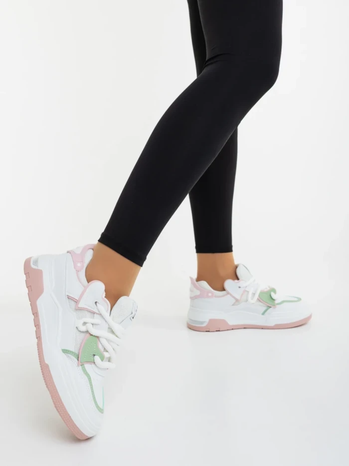 Дамски спортни обувки бели с розово от екологична кожа и текстилен материал Lalona