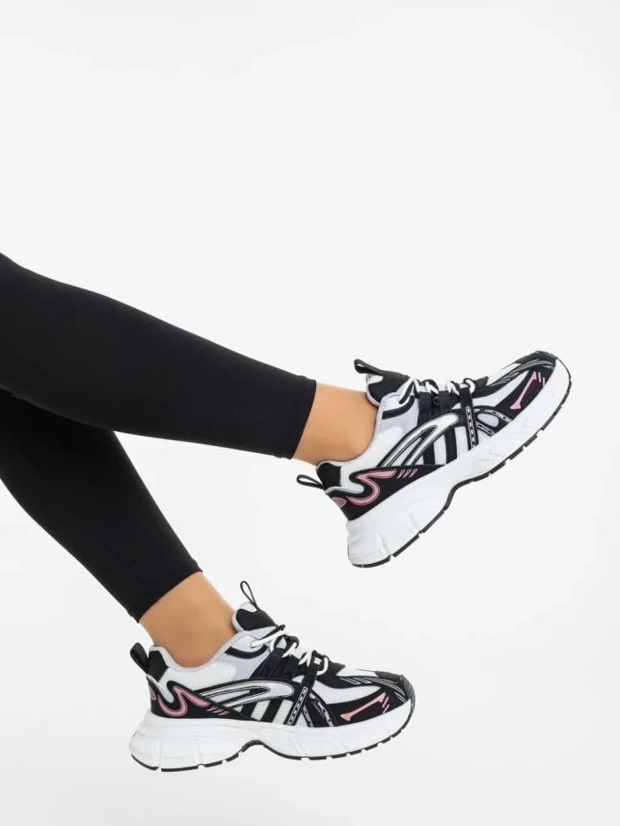 Дамски спортни обувки бели с черно от екологична кожа и текстилен материал Ardella