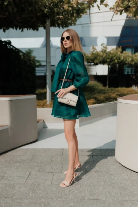 Дамски сандали с ток тъмно бежови от текстилен материал Laena