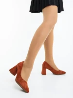 Дамски обувки с ток камел от текстилен материал Saida