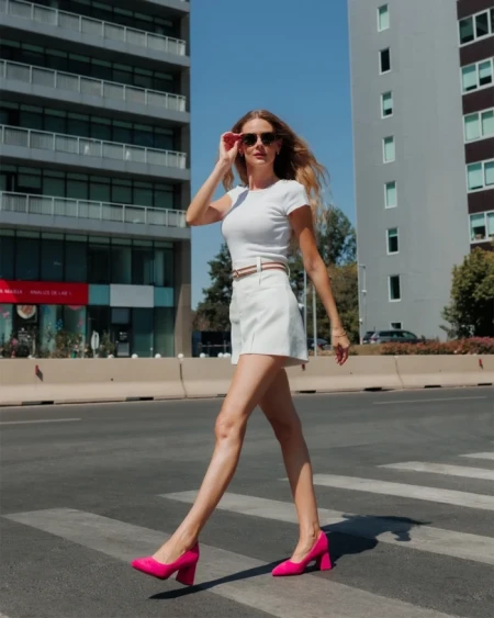 Дамски обувки с ток розови от текстилен материал Saida