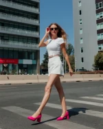 Дамски обувки с ток розови от текстилен материал Saida