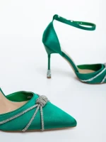 Дамски обувки с ток зелени от текстилен материал Norelia