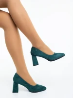 Дамски обувки с ток тъмно зелени от текстилен материал Saida