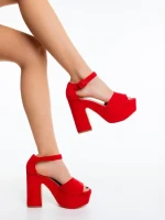Дамски сандали с ток червени от текстилен материал Elenia