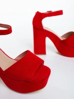 Дамски сандали с ток червени от текстилен материал Elenia
