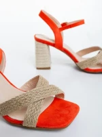 Дамски сандали с ток оранжеви от текстилен материал Rosea