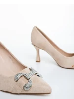 Дамски обувки с ток бежови от текстилен материал Amandi