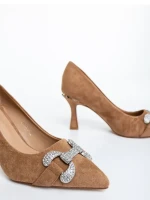 Дамски обувки с ток тъмно бежови от текстилен материал Amandi