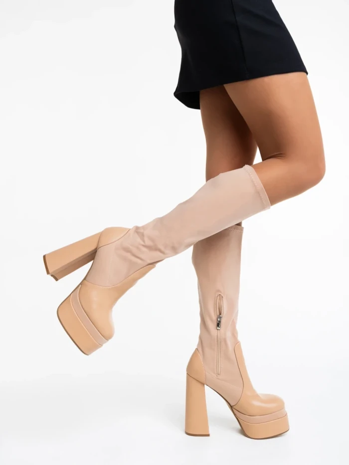 Дамски чизми бежови от еко кожа и текстилен материал Camaya