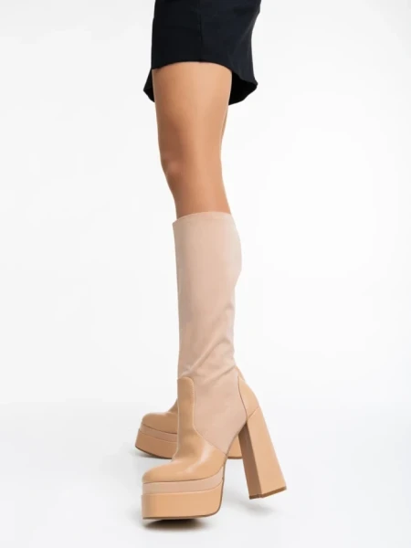 Дамски чизми бежови от еко кожа и текстилен материал Camaya