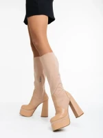 Дамски чизми бежови от еко кожа и текстилен материал Camaya