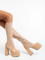 Дамски чизми бежови от еко кожа и текстилен материал Camaya