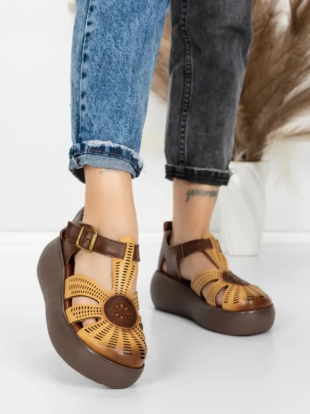 Sandale Dama din piele naturala 10682 YELLOW-BROWN | ADVANCER