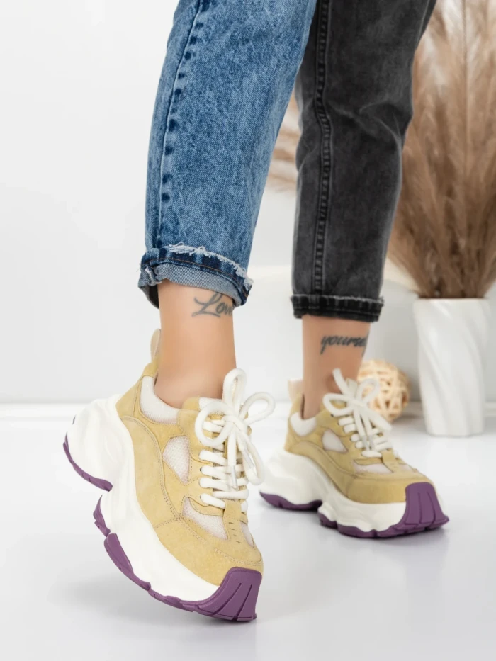 Pantofi Sport Dama din piele naturala HY1333 GREEN-CREAM | FRANCO GERARDO