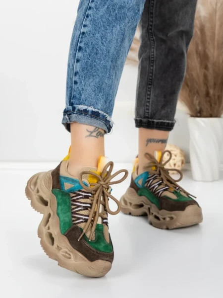Pantofi Sport Dama din piele naturala HY6383 GREEN-YELLOW | FRANCO GERARDO