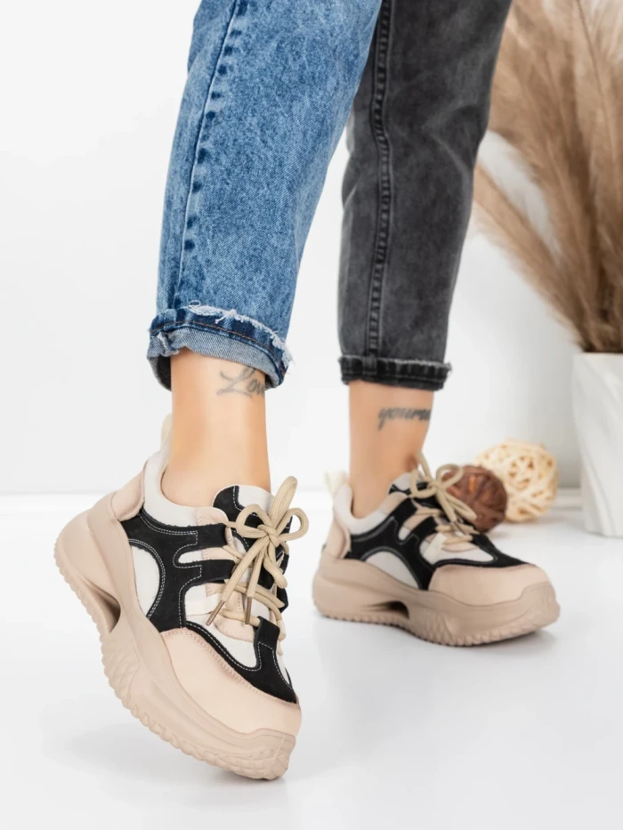 Pantofi Sport Dama din piele naturala 2577 CREAM-BLACK | FRANCO GERARDO