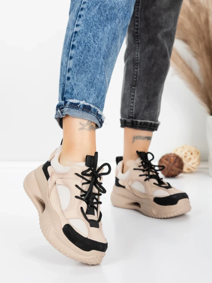 Pantofi Sport Dama din piele naturala 2576 CREAM-BLACK | ADVANCER