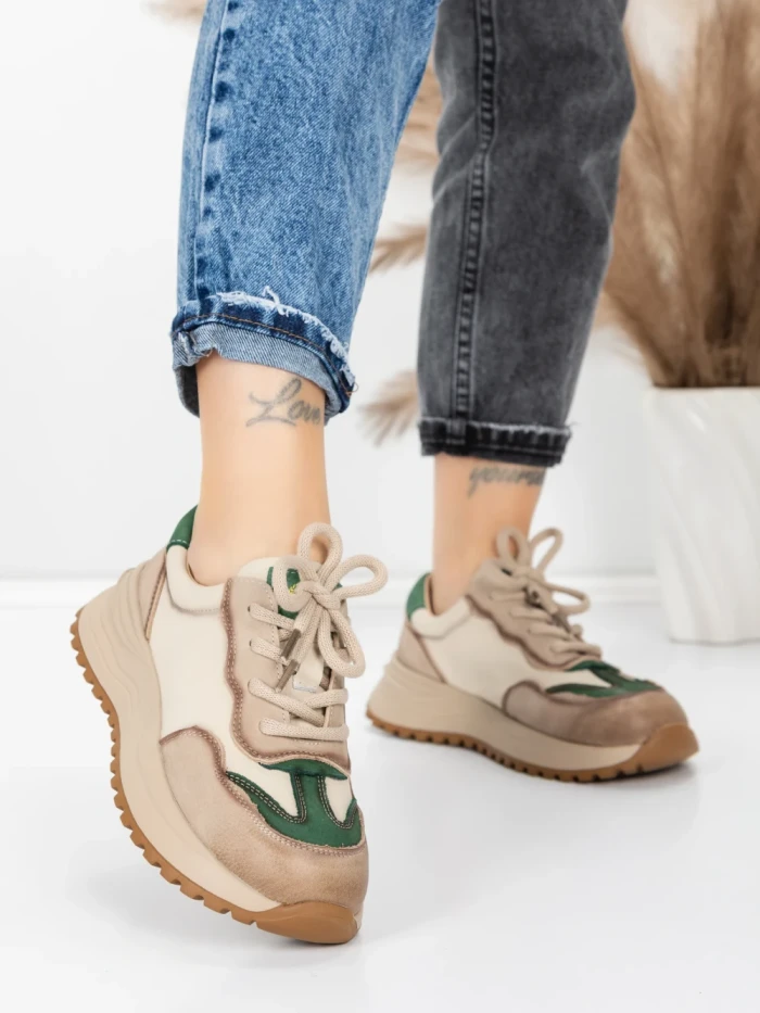 Pantofi Sport Dama din piele naturala 572305 CREAM-GREEN | FRANCO GERARDO