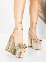 Дамски сандали с дебел ток и платформа 3KV52 Златен | Mei » MeiMall.bg