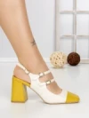 Pantofi cu Toc Gros B-3371 YELLOW-WHITE | BUONAROTTI