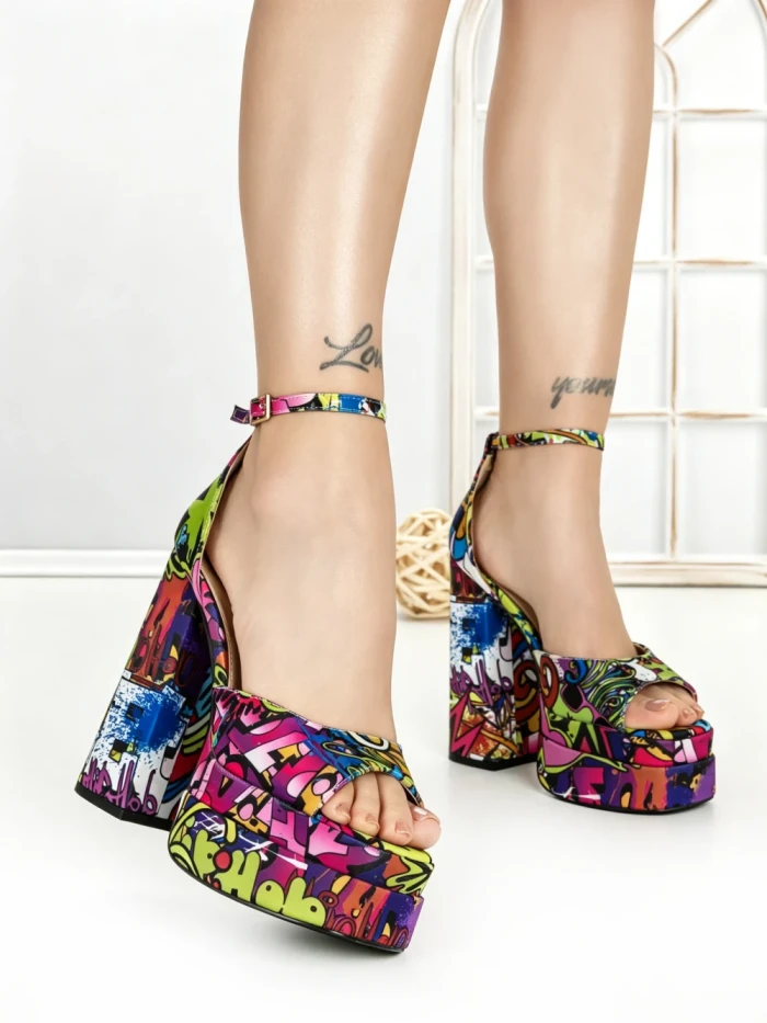 Sandale Dama cu Toc Gros si Platforma 9288-2 RED-YELLOW | CHERIE