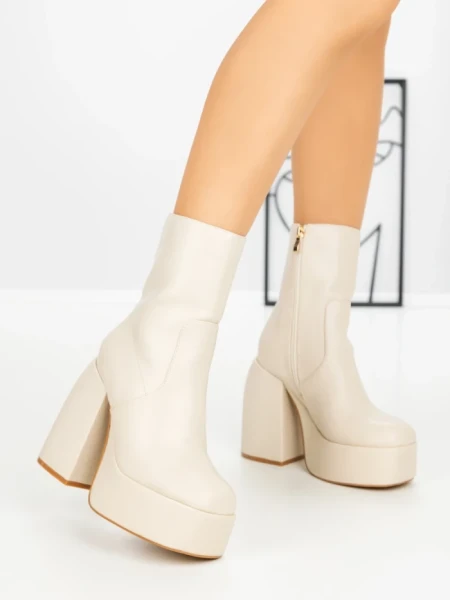 Botine cu Toc Gros G0801 BEIGE | MIA SHOES